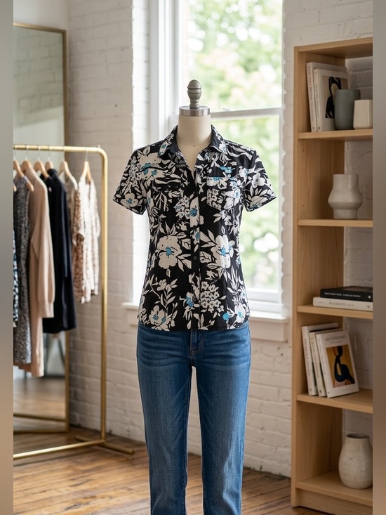 Oleg Cassini Tops - Oleg Cassini Weekend Floral Button Down Blouse Medium Black Blue Cotton